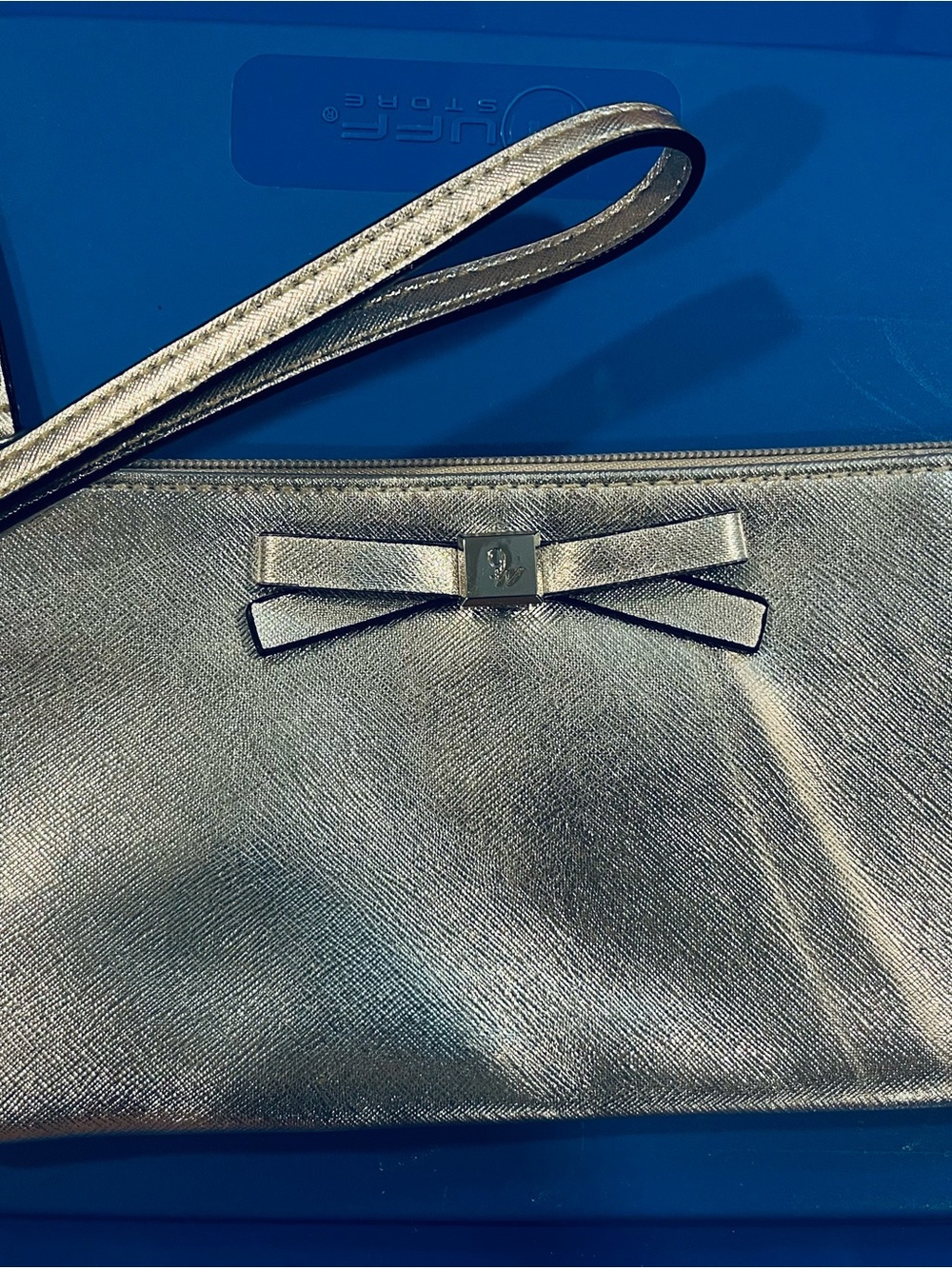 Nine West Metallic Silver Wristlet Clutch with Bow Accent